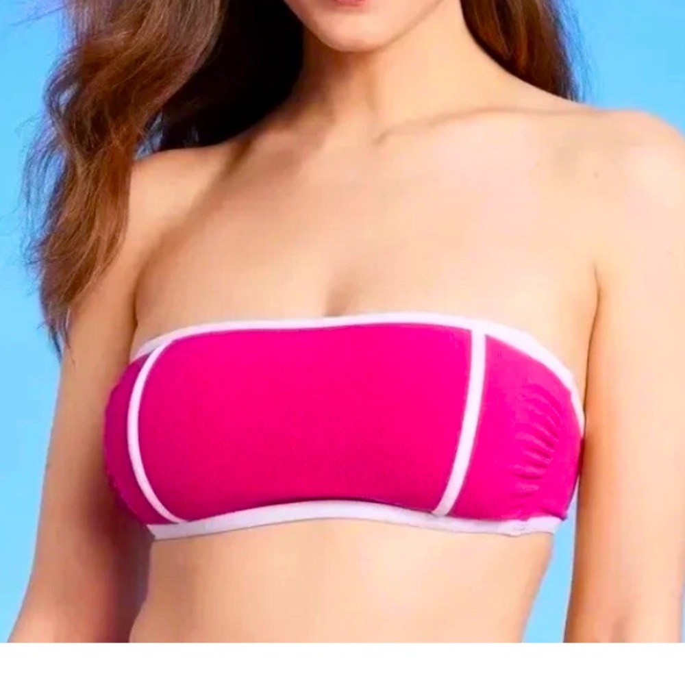 New Small Kona Sol Pink Terry Textured Bandeau with Binding Bikini Top